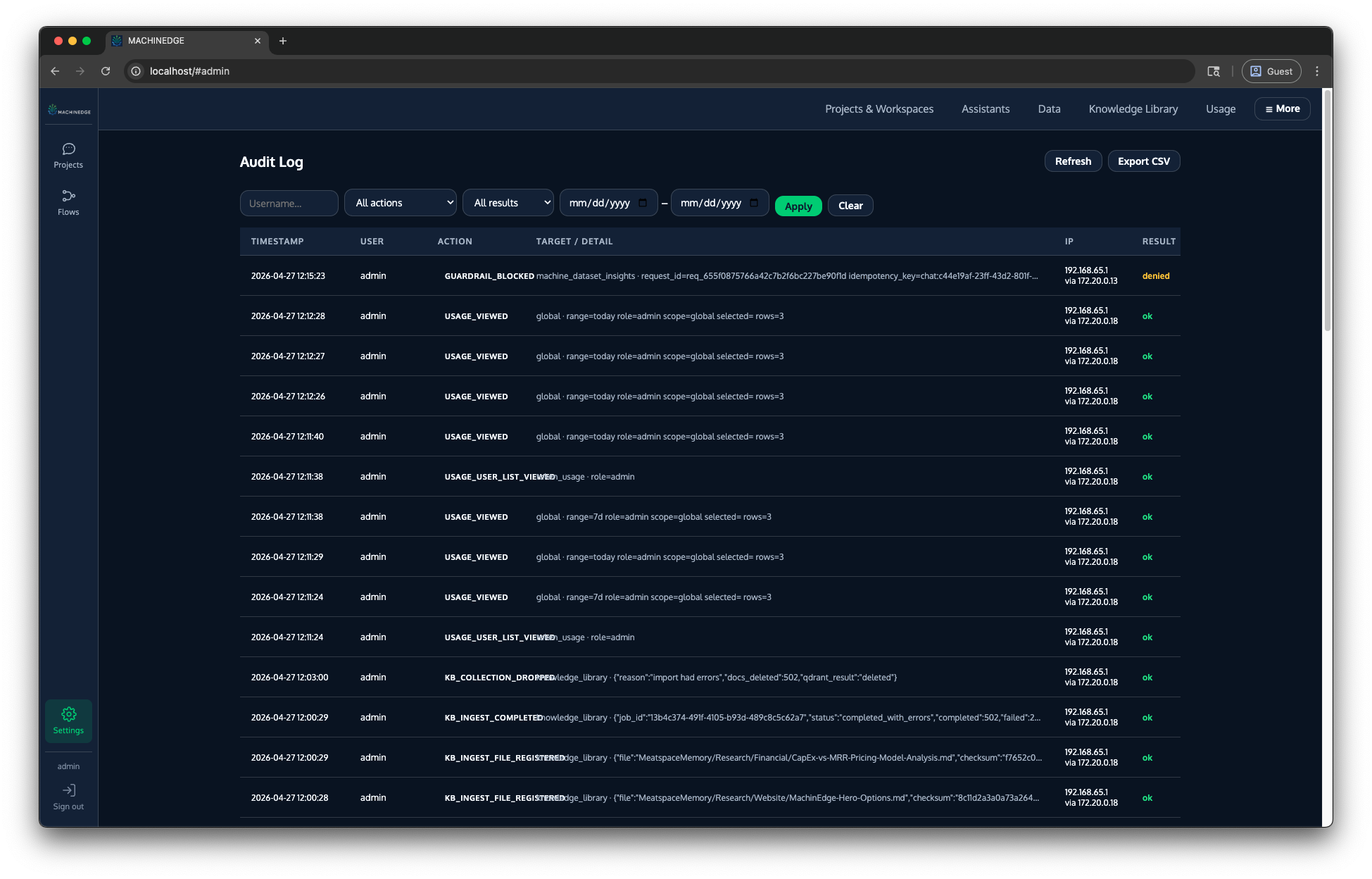ARGUS auditing dashboard showing structured audit events for prompts, model calls, and data access
