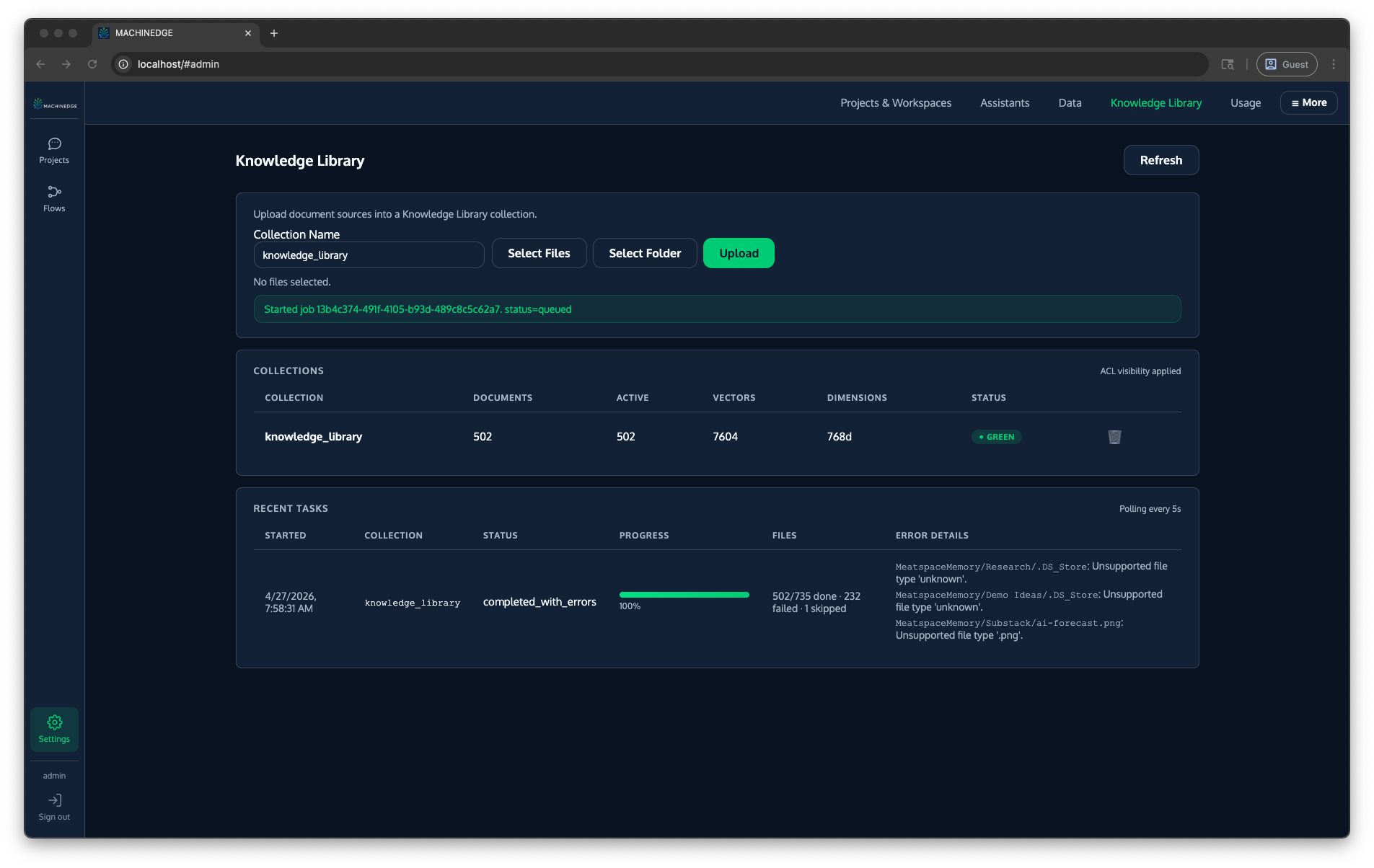 ARGUS Knowledge Library showing document collections and ingestion progress